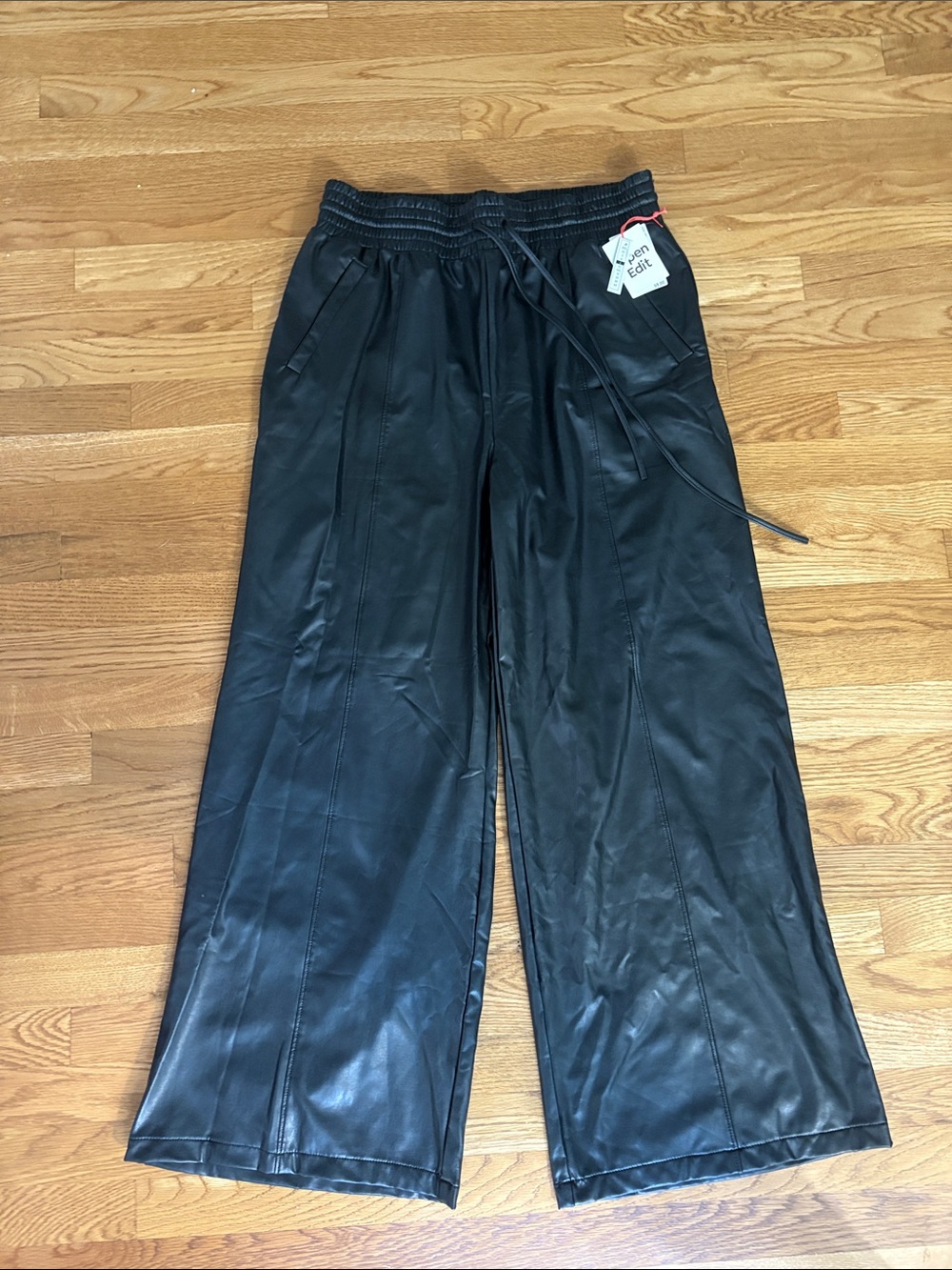Wide Leg Faux Leather Pants - Black